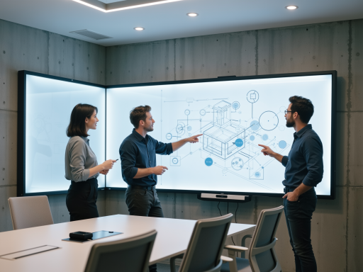 现代商务办公环境，会议室内展示人工智能项目演示，大屏幕显示AI模型架构图，团队成员正在讨论技术方案